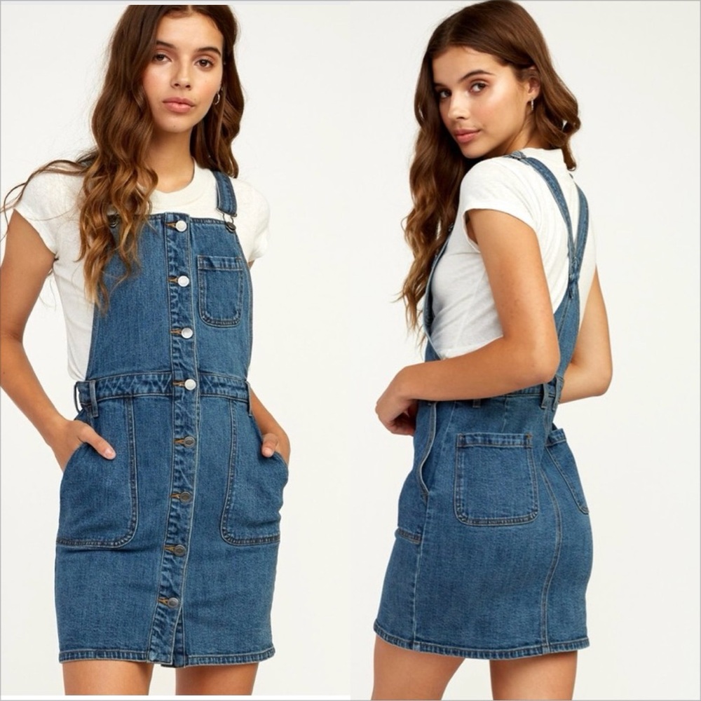 Rcva conquer denim overall dungaree skirt size XS NWT medium wash skater Gorp